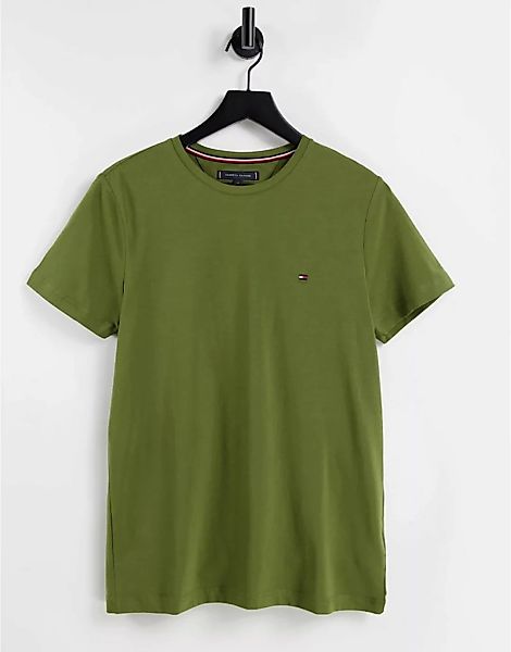 Tommy Hilfiger – Schmal geschnittenes T-Shirt in Dunkelgrün mit kleinem Log günstig online kaufen