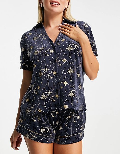 Chelsea Peers – Pyjama-Set aus Samt in Marineblau mit goldfarbenem Foliendr günstig online kaufen