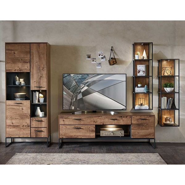 Loft Design Wohnwand in Eiche dunkel Optik und Dunkelgrau 320 cm breit (vie günstig online kaufen