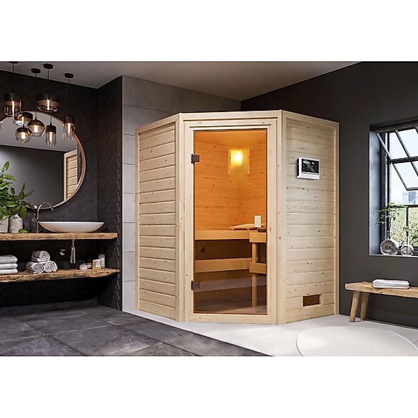 Woodfeeling Sauna Antonia inkl. 9 kW Ofen mit ext. Strg. Glastür günstig online kaufen