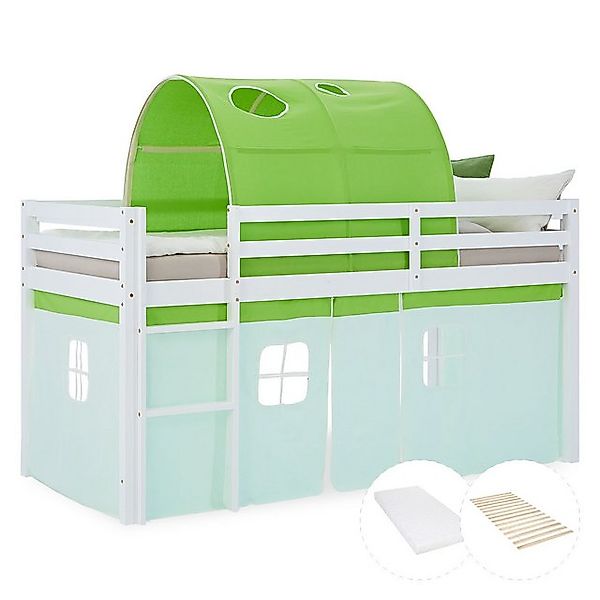 Homestyle4u Hochbett 90x200 Kinderbett Weiß mit Vorhang Grün Mint für 1 Kin günstig online kaufen