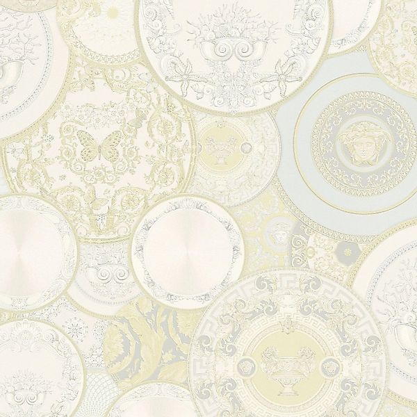 Bricoflor Weiße Tapete mit Teller Design Elegante Tapete mit Medusa und Sch günstig online kaufen