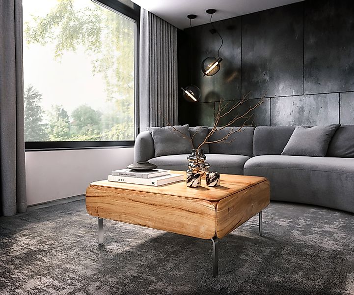 Couchtisch Shavani 90x90 cm Akazie Natur 2 Türen L-Fuß Edelstahl Silber günstig online kaufen