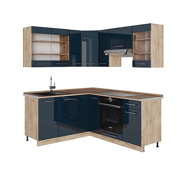 Vicco Fame-Line Küchenschränke Dunkelblau Hochglanz/Goldkraft Eiche 160 x 6 günstig online kaufen