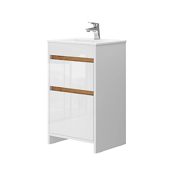 Vicco Badmöbel-Set Detmold Weiß/Weiß Hochglanz 2 Teile mit Waschbecken und günstig online kaufen