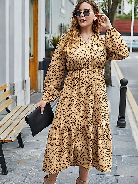 Plus Size V-Ausschnitt Polka Dot Langarm Maxi Kleid günstig online kaufen
