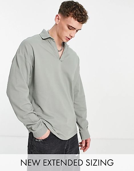 ASOS DESIGN – Langärmliges Oversize-Polohemd in Khaki mit Reverskragen und günstig online kaufen