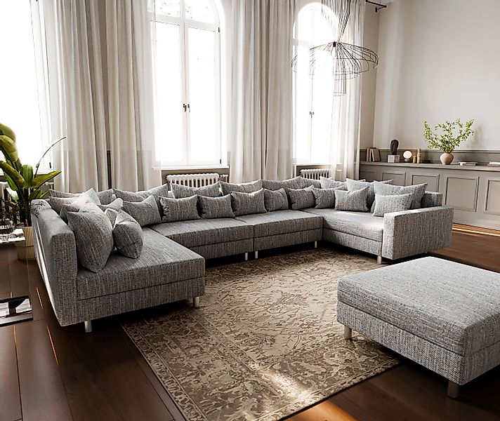 Wohnlandschaft Clovis XL Hellgrau Strukturstoff Hocker Armlehne Modul günstig online kaufen