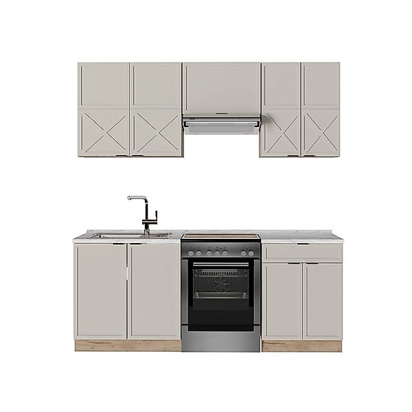 Vicco Fame-Line Küchenzeile GrauBeige/Goldkraft Eiche 200 cm AP Marmor günstig online kaufen
