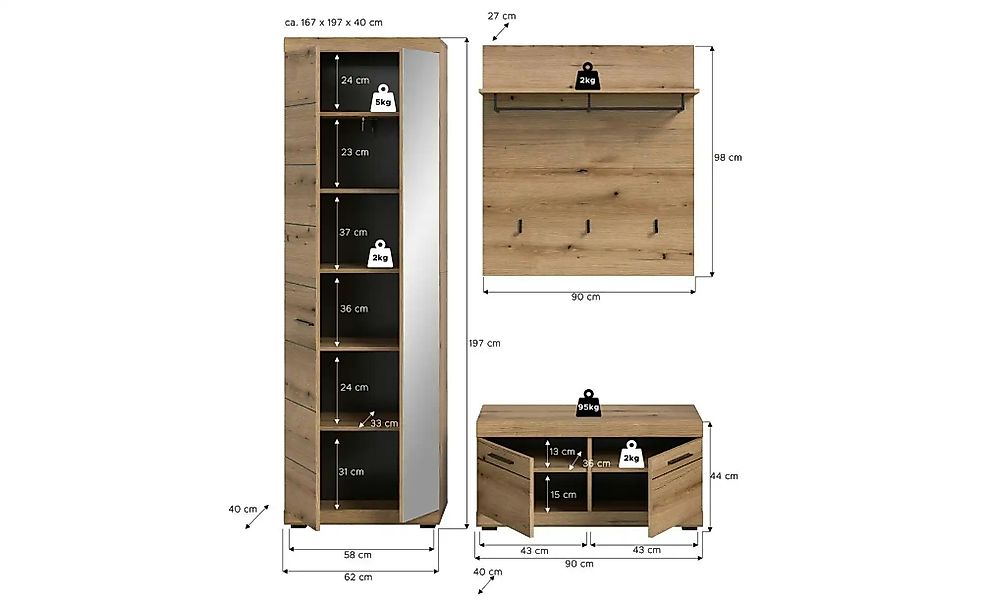 Garderobenkombination   ¦ holzfarben ¦ Maße (cm): B: 167 H: 197 Garderoben günstig online kaufen