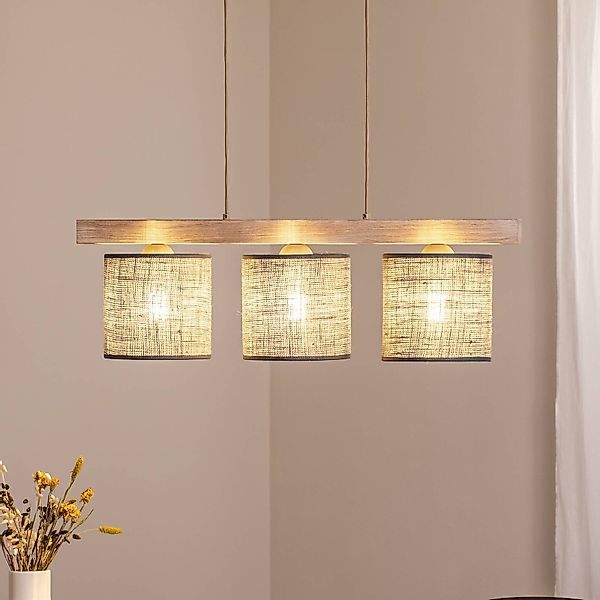 Hängeleuchte Forest, 3-fl., Holz hell, Jute grau günstig online kaufen