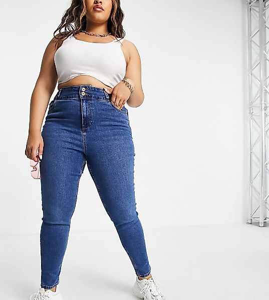 New Look Curve – Figurformende Skinny-Jeans mit hohem Bund in Blau günstig online kaufen