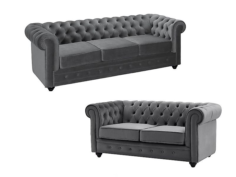 Sofa 3-Sitzer & 2-Sitzer - Samt - Anthrazit - CHESTERFIELD günstig online kaufen