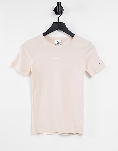 Champion – Geripptes T-Shirt mit Logo in Hellbraun günstig online kaufen