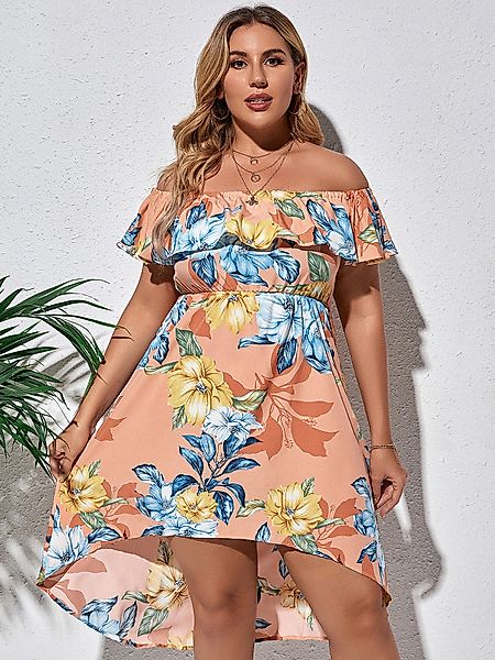 Plus Size Blumendruck Off-the-Shoulder Overlay Kleid mit kurzen Ärmeln günstig online kaufen