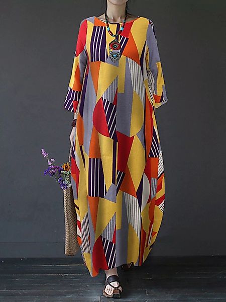Kontrastfarbe Geometrischer Druck Langarm Vintage Kleid Für Damen günstig online kaufen