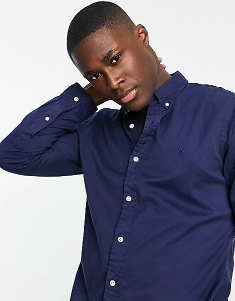 Polo Ralph Lauren – Twill-Hemd in Marineblau mit schmalem Schnitt und Marke günstig online kaufen