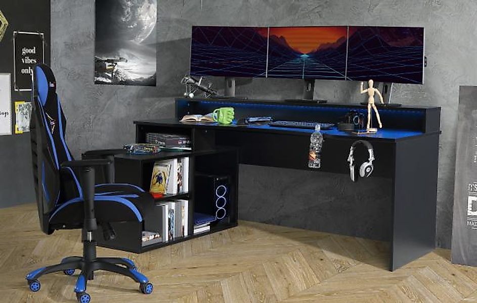 Gaming Ecktisch Schwarz 200 cm TEZAUR inkl LED günstig online kaufen