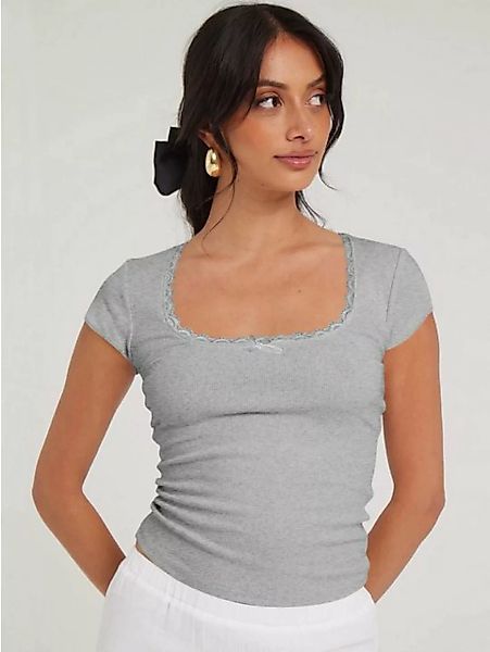 RUZU UG T-Shirt Sexy Spitzen-Kurzarm-T-Shirt für Damen mit U-Ausschnitt günstig online kaufen