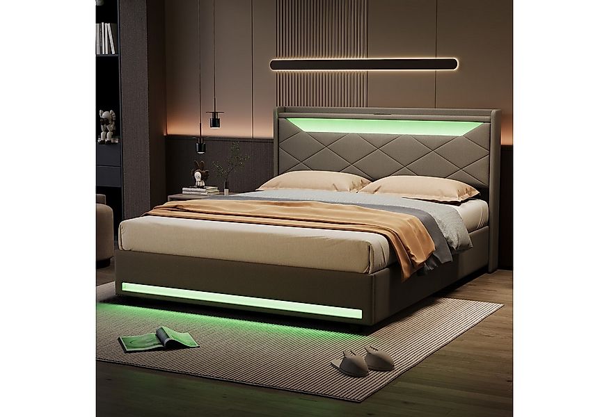 PXloue Polsterbett LED hydraulisches Doppelbett, Stauraumbett,mit Lattenros günstig online kaufen