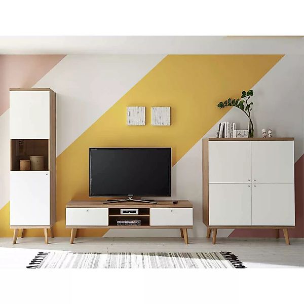 Wohnwand in Weiß und Eiche Skandi Design (dreiteilig) günstig online kaufen