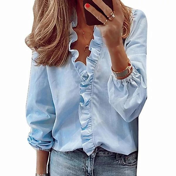 ZWY Fleecehemd Damenbluse mit V-Ausschnitt, Rüschen, elegantes Hemd, Langar günstig online kaufen