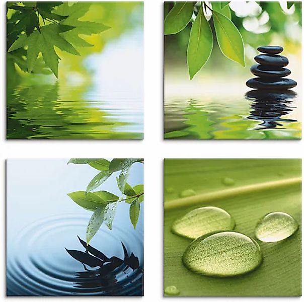 Artland Leinwandbild »Blätter Wasser Zen Steinpyramide Tropfen« Zen 4 Stk. günstig online kaufen