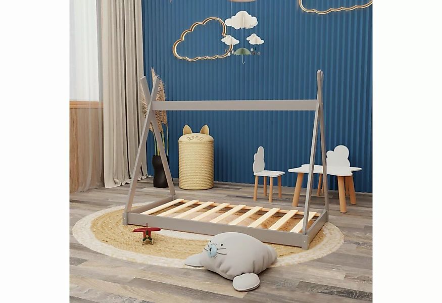 HAGO Kinderbett Montessori Kinderbett 140x70cm grau Tipi Spielbett Zeltform günstig online kaufen