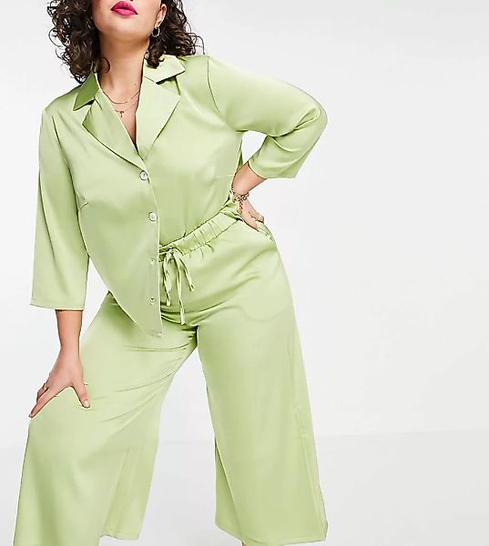 Fashion Union Plus – Lockere Hose mit weitem Bein aus Satin in Limettengrün günstig online kaufen
