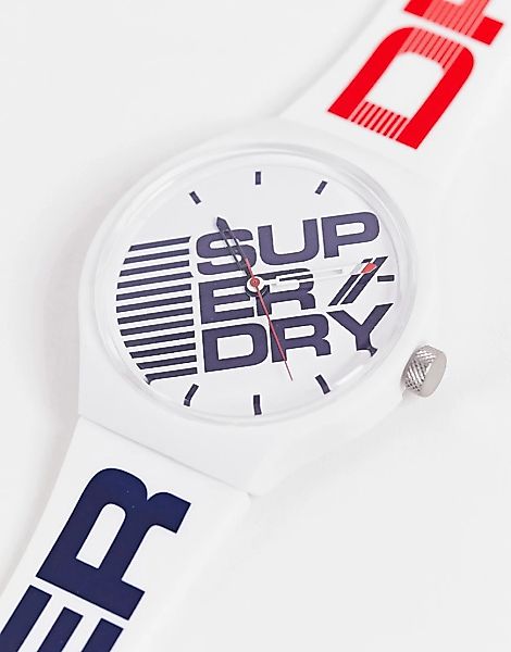 Superdry – Armbanduhr in Weiß mit Silikonriemen und Logo auf dem Zifferblat günstig online kaufen