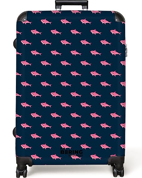 NoBoringSuitcases.com© Hartschalen-Trolley Blau mit rosa Hai-Aufdruck günstig online kaufen