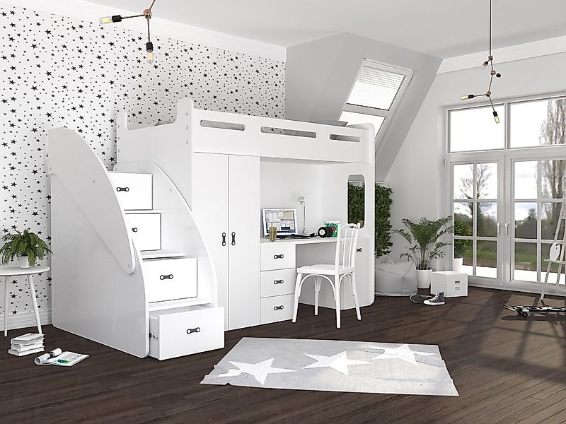 AJKmeble Hochbett Etagenbett 80x200cm mit Treppe, Schrank und Schreibtisch günstig online kaufen