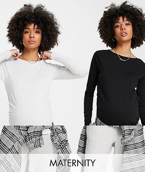 River Island Umstandsmode – 2er-Pack langärmlige Shirts in Grau und Schwarz günstig online kaufen
