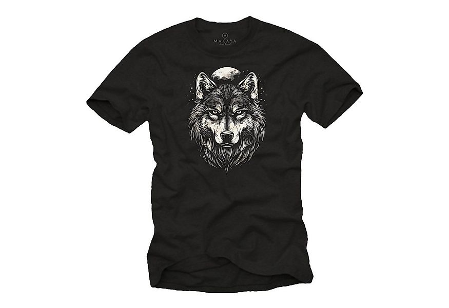 MAKAYA T-Shirt mit Wolfskopf Vintage Wolf Motiv für Männer Wikinger Mond Vi günstig online kaufen