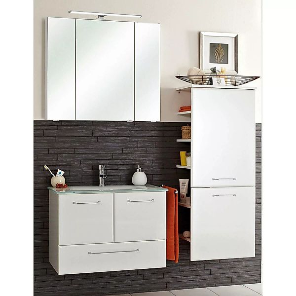 Badezimmer Set mit Glaswaschbecken QUEBEC-66 in weiß Hochglanz, B/H/T: ca. günstig online kaufen