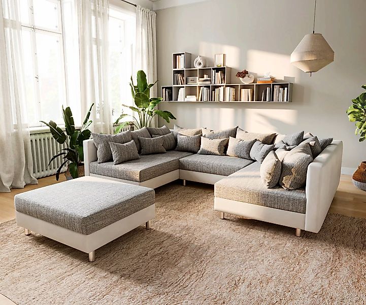 Wohnlandschaft Clovis Weiss Hellgrau Modulsofa Hocker günstig online kaufen