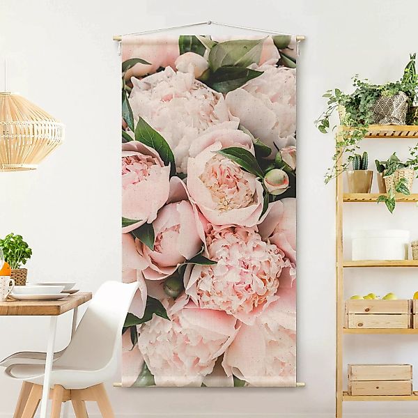 Wandteppich Rosa Pfingstrosen mit Blättern günstig online kaufen