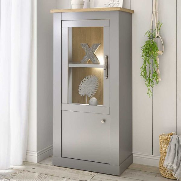 Landhaus Vitrine in Lichtgrau und Eichefarben Glastür günstig online kaufen