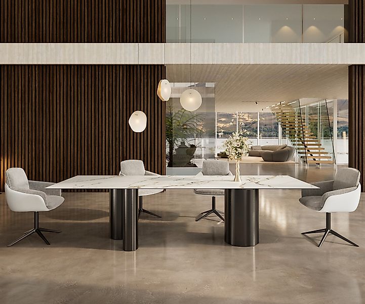 Esstisch Edge 300x100 Keramik Calacatta Luxe Weiß-Gold-Grau Troa Edelstahl günstig online kaufen