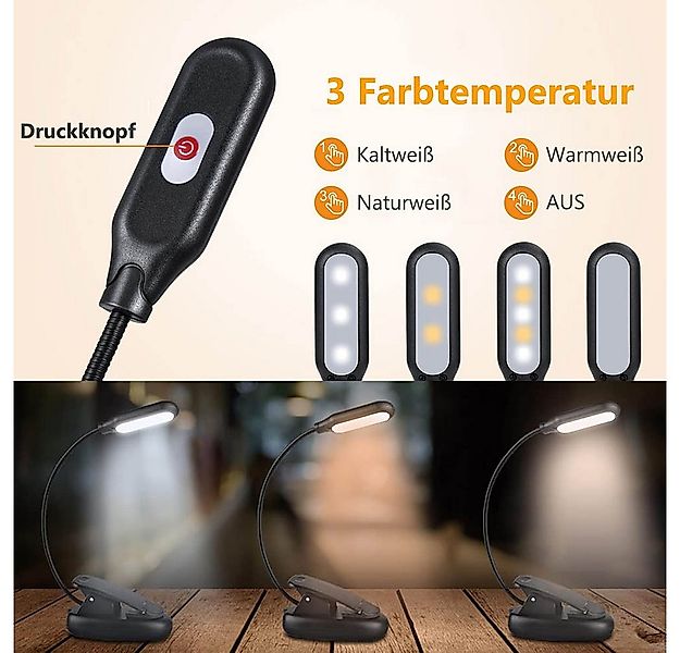 MUPOO LED Klemmleuchte Tragbare LED Leselampe mit Clip & USB – 3 Farben, US günstig online kaufen