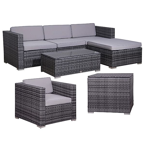 Svita California XL Gartenlounge Polyrattan Sessel Tisch Bank Kissenbox Gra günstig online kaufen