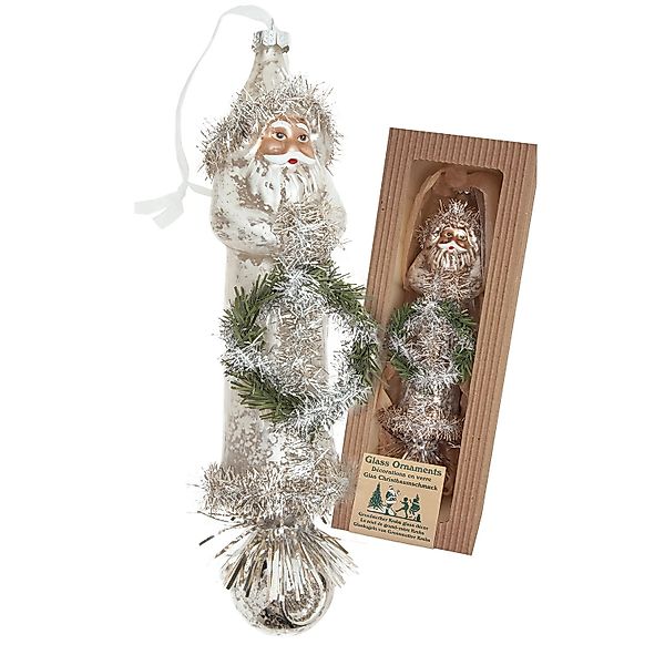 Krebs Glas Lauscha Baumschmuck Santa mit Kranz Nostalgie Silberfarbig 22cm günstig online kaufen