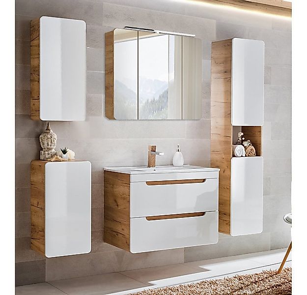 Lomadox Badmöbel-Set LUTON-56, (Spar-Set, 5-St), weiß mit Wotan Eiche Nb. m günstig online kaufen