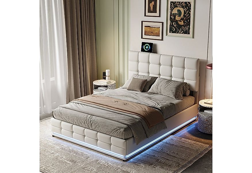 PXloue Polsterbett LED Doppelbett, Stauraumbett,inkl. Hydraulisch anhebbare günstig online kaufen