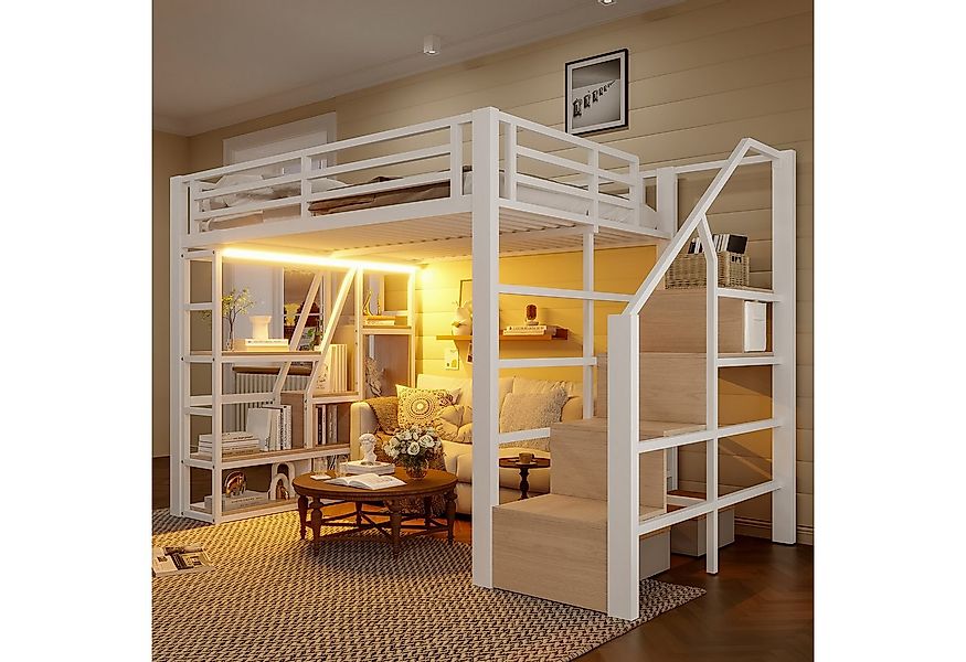Flieks Hochbett Metallbett 140x200cm mit LED-Leiste, Regale, Treppe und Sch günstig online kaufen