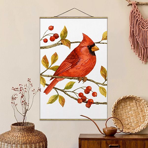 Stoffbild Tiere mit Posterleisten - Hochformat Vögel und Beeren - Rotkardin günstig online kaufen