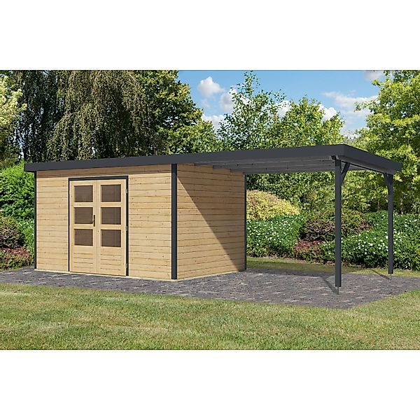 Karibu Gartenhaus Domingo 7 A m. Anbaudach Natur/Anthrazit 219 x 360 x 240 günstig online kaufen