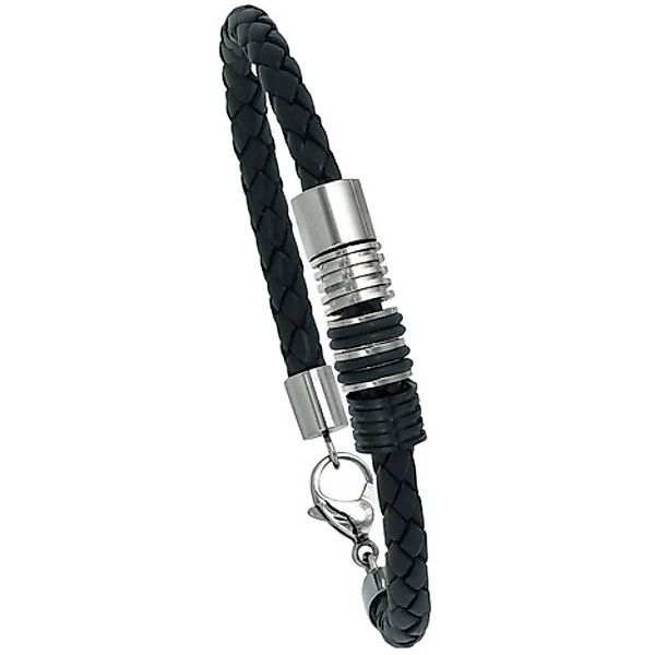 SIGO Armband Leder schwarz mit Edelstahl und Kautschuk 21 cm Lederarmband günstig online kaufen
