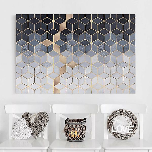 Leinwandbild - Querformat Blau Weiß goldene Geometrie günstig online kaufen