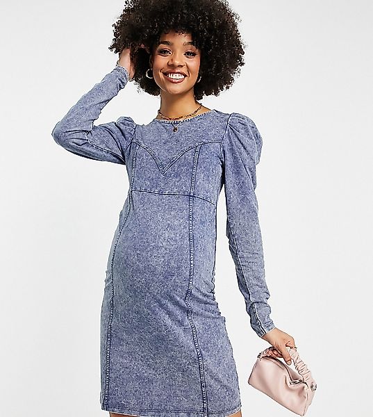 Mamalicious Maternity – Minikleid in verwaschenem Acid-Blau mit weiten Ärme günstig online kaufen